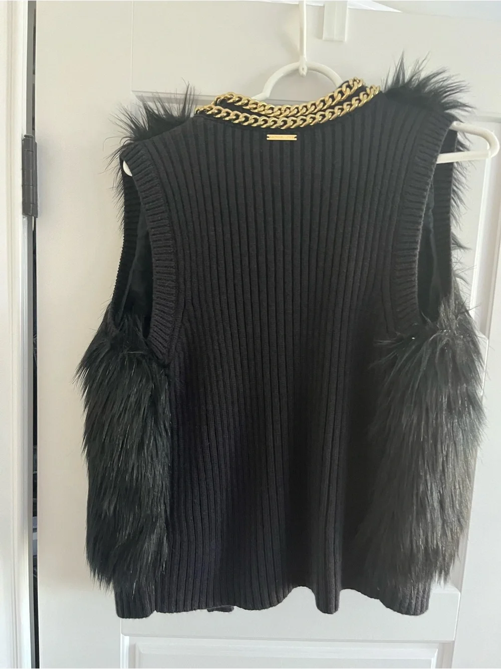 Michael Kors Black Faux Fur Vest with Gold Chain Collar